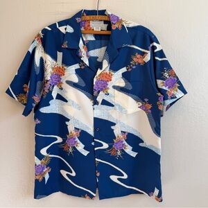 Vintage 70s Japanese Floral Hawaiian Button Down Shirt Blue Kimono Peony